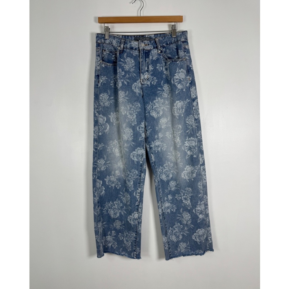 Cottagecore Cali 1850 Womens 7/28 Wide Leg Jeans Blue Floral Rose Raw Hem